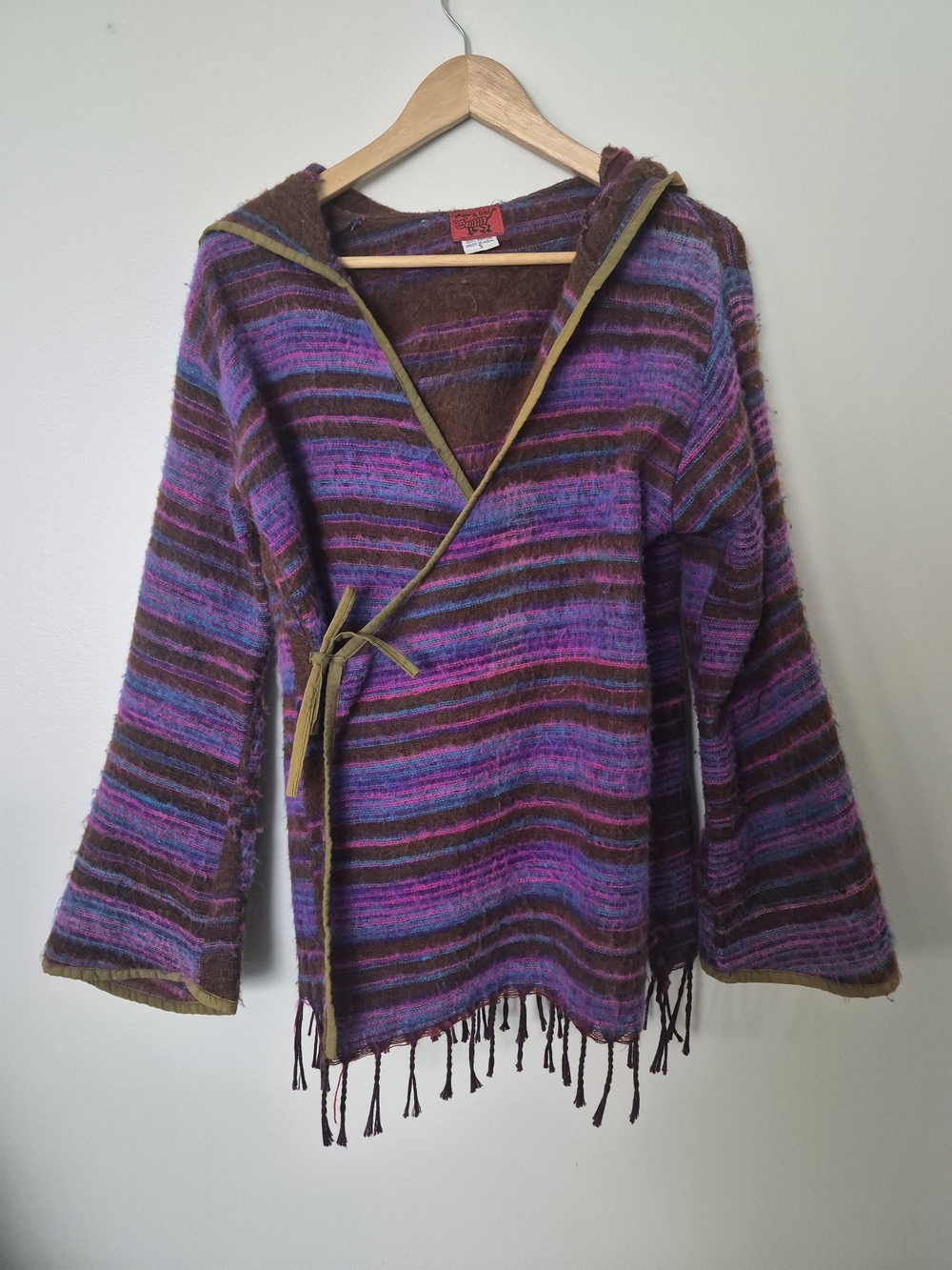 Maui & Billi Hooded Wrap Top Fringe Boho Striped Rayon S